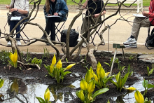 <p>Mehrere Personen mit Klemmbrettern im Garten</p>